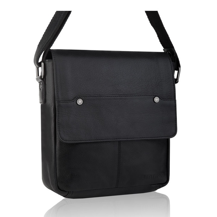 Férfi táska, Betlewski, Cambridge, természetes bőr, fekete, 27x24x9cm