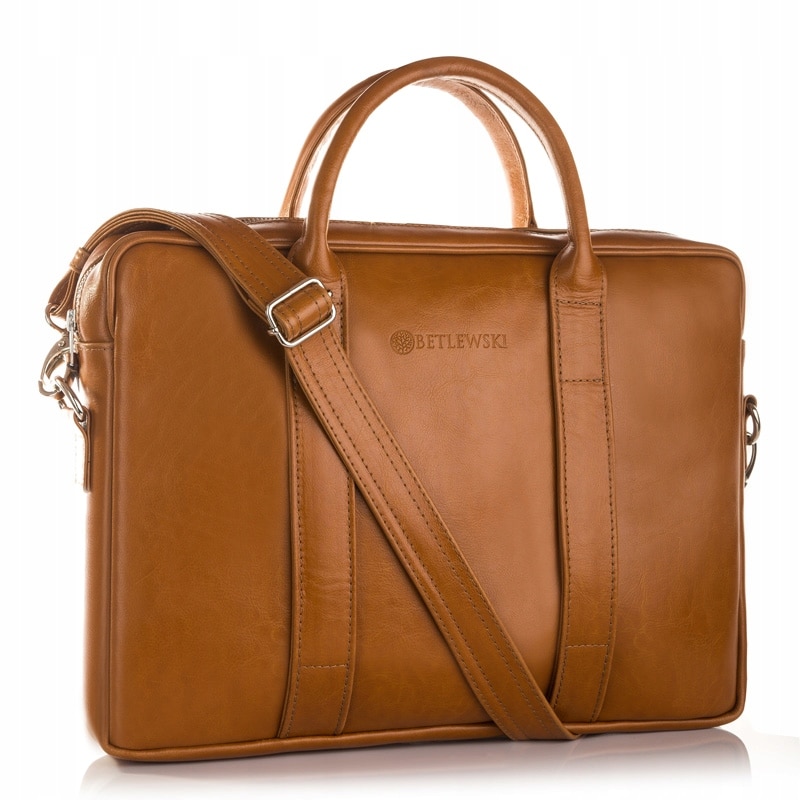 Geanta pentru laptop de 15.6", Betlewski, Luxe BTM-01, Piele naturala, Curea ajustabila, 39x28x6 cm, Maro deschis
