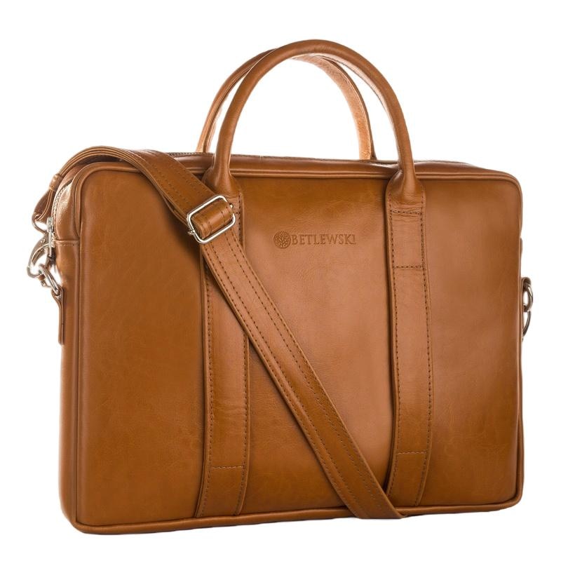 Geanta pentru laptop de 15.6", Betlewski, Luxe BTM-01, Piele naturala, Curea ajustabila, 39x28x6 cm, Maro deschis