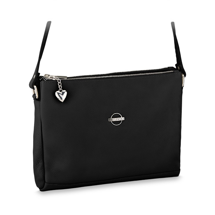 Női táska kulcstartóval Amore, Betlewski, Természetes bőr, 27 x 20 x 7 cm, Fekete