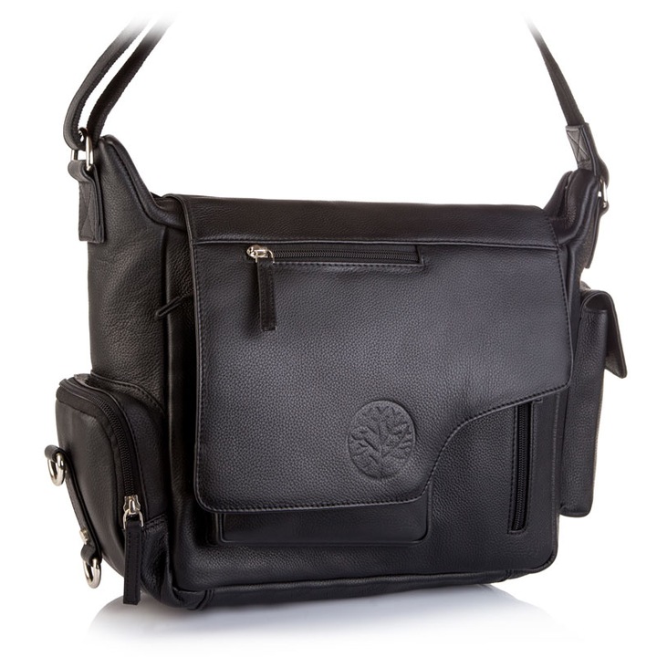 Betlewski OXFORD természetes bőr válltáska, fekete, 35x28x12cm, állítható pánt