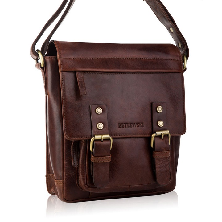Betlewski férfi táska, Vintage modell, valódi bőr, barna színű, mérete 26x25x11cm