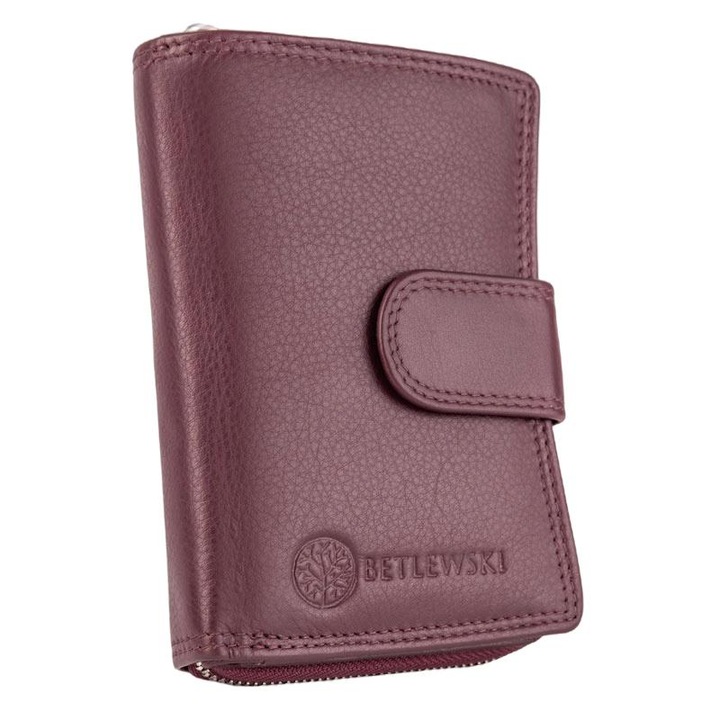 Portofel de dama, Betlewski, Softly, Piele naturala, Protectie 13 sloturi pentru card, Visiniu