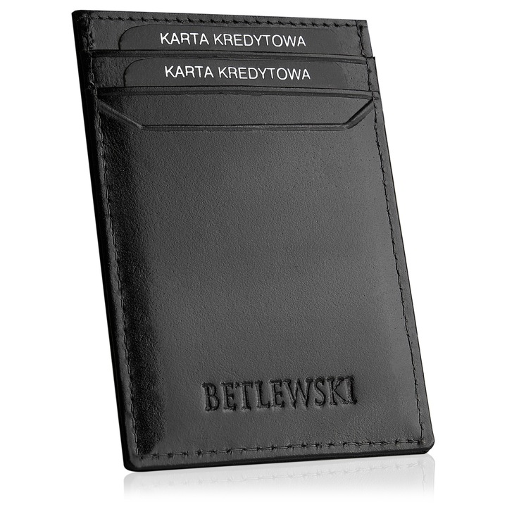Husa pentru carduri, Betlewski, Piele, 7.2x10.3x0.4 cm, Negru