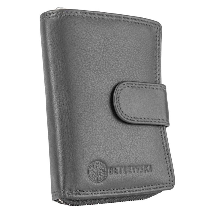 Portofel de dama, Betlewski, Softly, Piele naturala, Protectie 13 sloturi pentru card, Gri