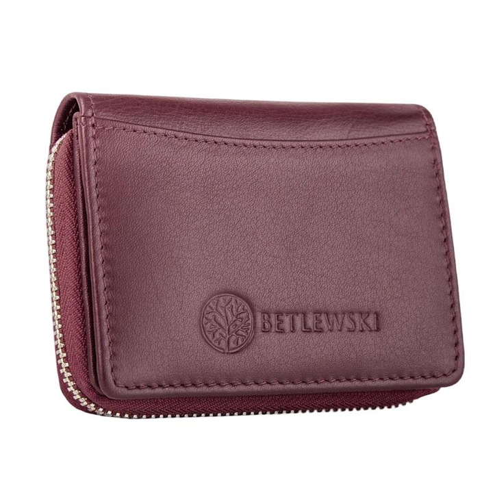 Portofel de dama, Betlewski, Softly, Piele naturala, Protectie RFID, 6 sloturi pentru card, 10.5x8x2 cm, Visiniu