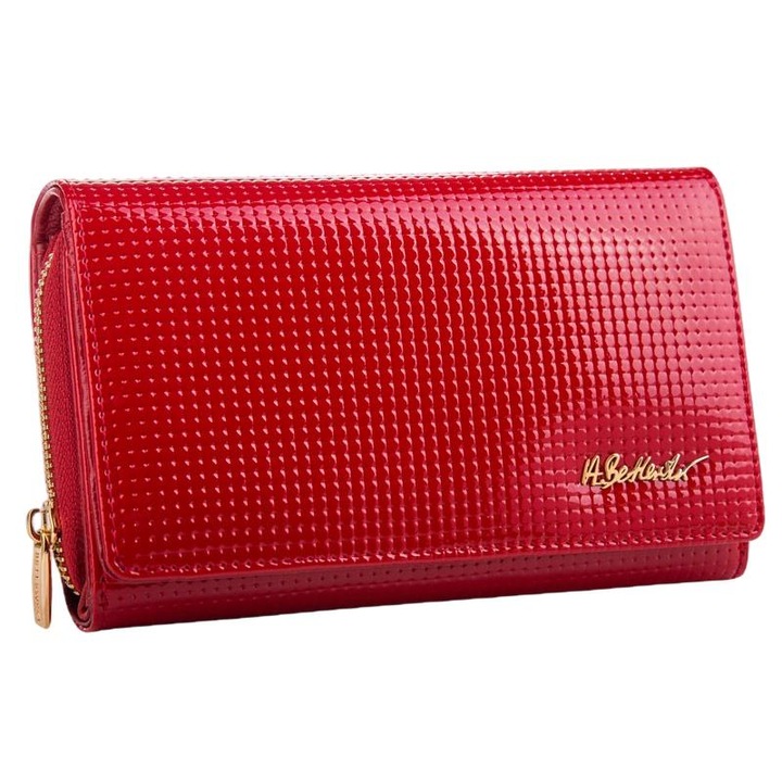 Portofel de dama, Betlewski, Dotty, Piele naturala/Piele ecologica, Protectie RFID, 12 sloturi pentru card, 16x10.5x4 cm, Rosu