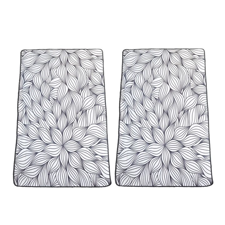Set 2 covoare bucatarie Kino Dream, 60x100cm, poliester 100%, inaltime plus 6 mm, gramaj 800 g/mp, antialunecare, dos PVC cu puncte, culoare argintiu si negru, model frunze