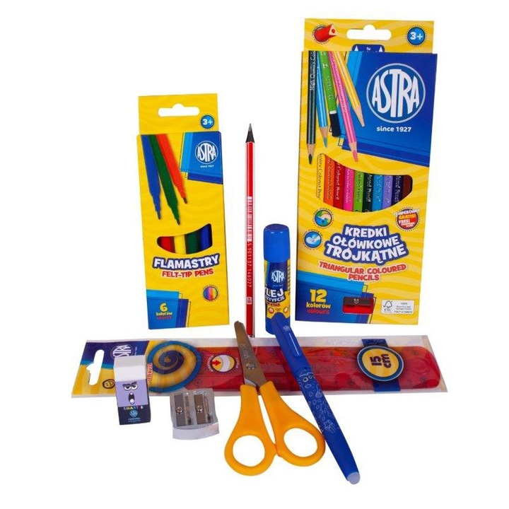 Set complet de instrumente de scris ASTRA, 12 creioane triunghiulare, 6 markere colorate, 13cm foarfece, 15cm rigla, multicolor