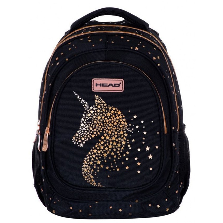 Ghiozdan scolar, Astra, Head, Model unicorn, Poliester, 20 L, 39 x 28 x 15 cm, 6-9 ani, Negru/Auriu