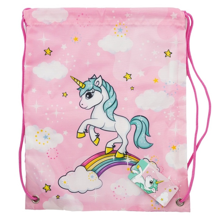 Sac sport cu siret, Unicorn, 30x25 cm Roz