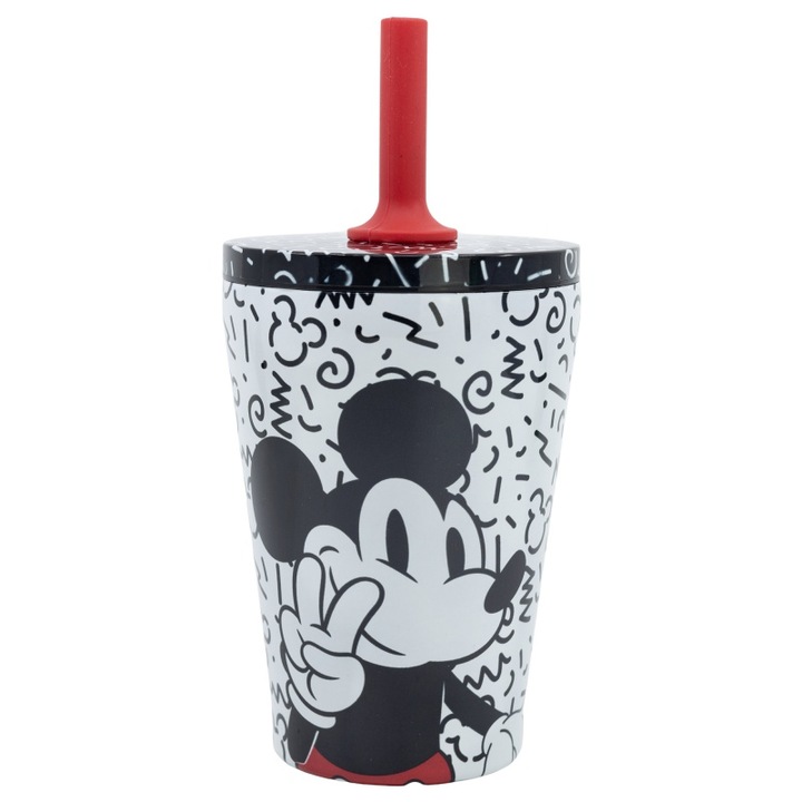 STOR rozsdamentes acél termosz fedéllel és szilikon szívószállal, Mickey Mouse, 360ml
