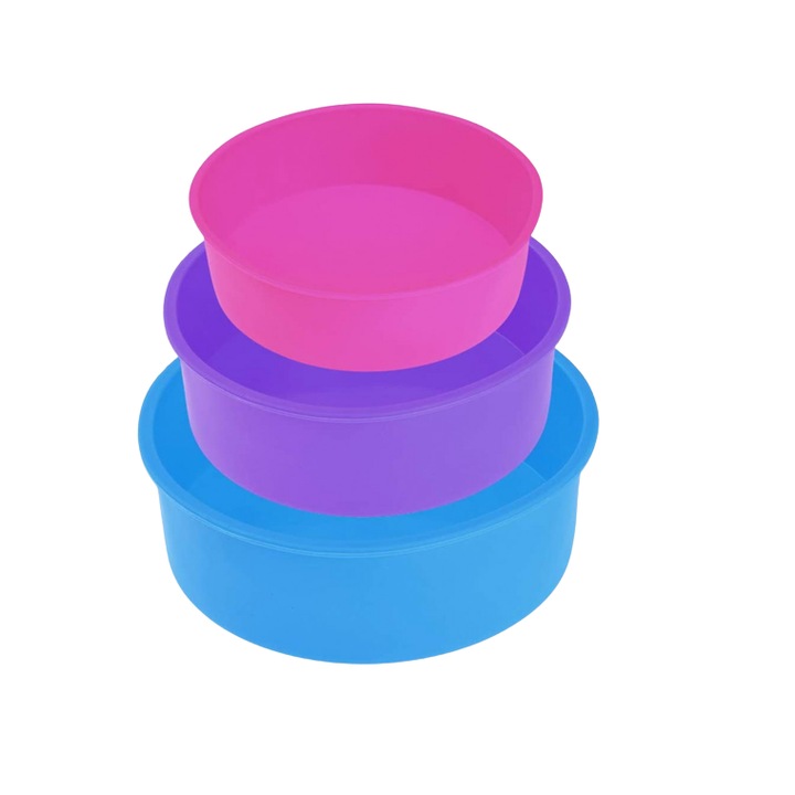 3 db Rafow tortaforma készlet, szilikon, rózsaszín/kék/lila, 24/20/17 cm