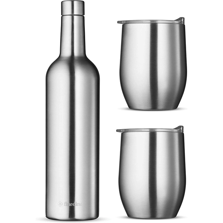 Комплект Термос бутилка 750 мл и две термо чаши с капак за топли/студени напитки, неръждаема стомана, сребро