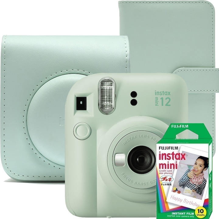 Комплект фотоапарат Fujifilm Instax mini 12, ментовозелен с корица, албум за снимки и филм 1x10