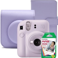Set aparat foto instant Fujifilm Instax mini 12, Lilac Purple cu husa, album foto si film 1x10