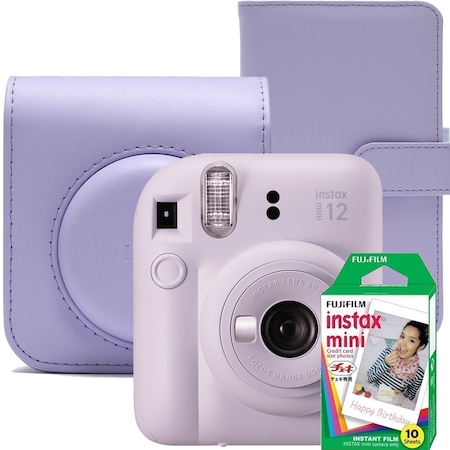 Set aparat foto instant Fujifilm Instax mini 12, Lilac Purple cu husa, album foto si film 1x10