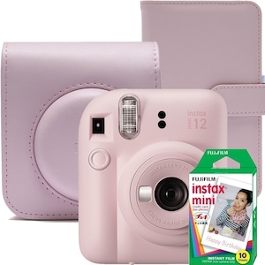Set aparat foto instant Fujifilm Instax mini 12, Blossom Pink cu husa, album foto si film 1x10