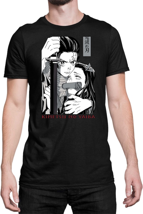 Férfi póló Demon Slayer Kimetsu no Yaiba Tanjiro Nezuko Kamado 03, Fekete