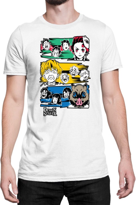 Férfi póló Demon Slayer Kimetsu no Yaiba Tanjiro Zenitsu Inosuke 01, Fehér