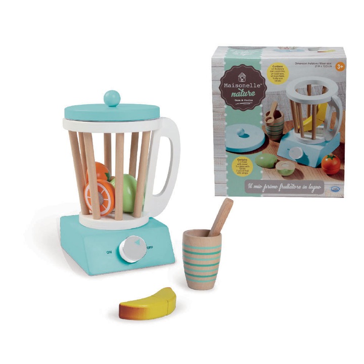 Blender jucarie cu accesorii din lemn, cu accesorii, 13.5x13x21 cm, Maisonelle Nature