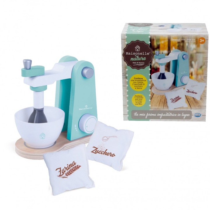 Mixer de bucatarie jucarie din lemn, cu accesorii, 16.2x9x17 cm, Maisonelle Nature