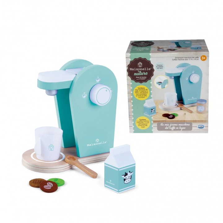 Aparat cafea jucarie, din lemn, cu accesorii, 16.2x9x17 cm Maisonelle Nature