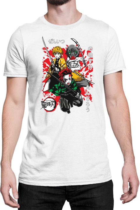 Férfi póló Demon Slayer Kimetsu no Yaiba Tanjiro Zenitsu Inosuke 02, Fehér
