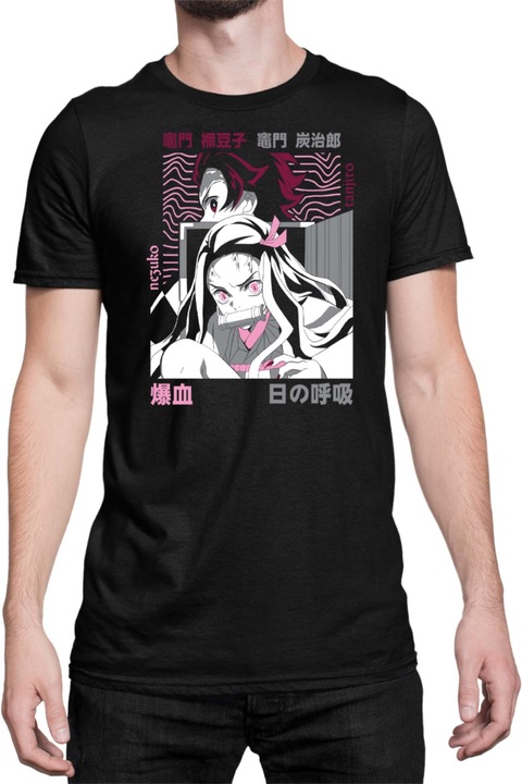 Férfi póló Demon Slayer Kimetsu no Yaiba Tanjiro Nezuko Kamado 04, Fekete