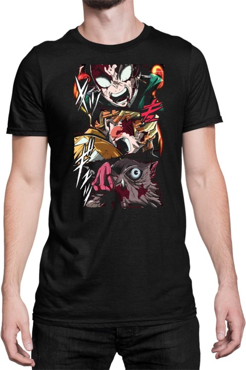 Férfi póló Demon Slayer Kimetsu no Yaiba Tanjiro Zenitsu Inosuke 03, Fekete
