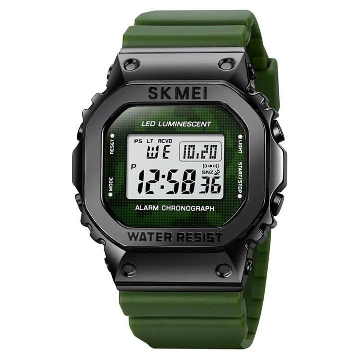 Ръчен мъжки часовник Skmei, Спортен модел, Военен стил, Дигитален, Зелен