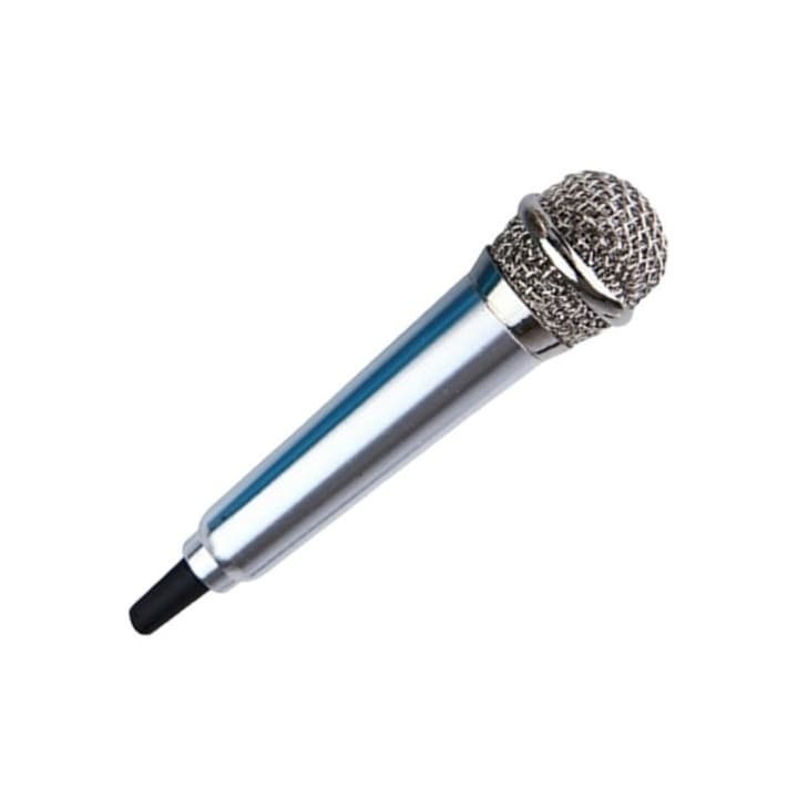 Mini microfon portabil pentru mobil, laptop sau computer, ideal pentru karaoke, cu jack de 3,5 mm, culoare argintiu, 5.5 x 1.8 cm