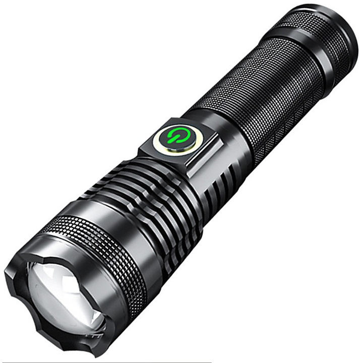 LED алуминиев фенер, USB зареждане, Регулиране на скоростта, Водоустойчивост, Яркост до 2000 лумена, 5 нива на яркост, Черен