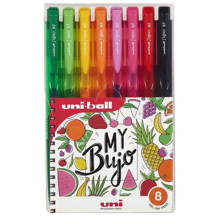 Set 8 Pixuri cu Gel Uni-Ball Signo UMN-155N My Bujo Fruits, Varf 0.7 mm