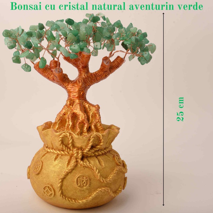 Bonsai természetes zöld aventurin kristályokkal és arany alappal, a "pénzfa" becenévvel - A 25 cm magas fa tökéletes ajándék a jóléthez, a sikerhez, a pozitív energiához - Copy