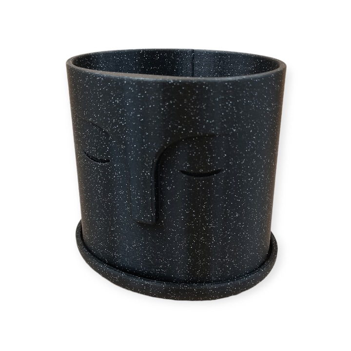 Ghiveci printat 3D din material biodegradabil, cu orificii pentru drenaj si tava inclusa, aspect somnoros, negru stralucitor, 100x80x100 mm