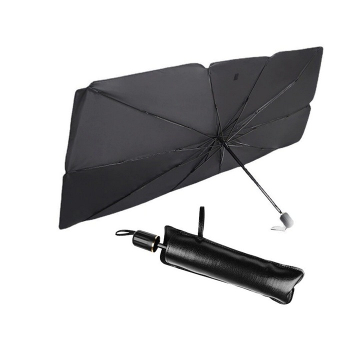 Összecsukható automatikus napernyő, autóhoz, esernyő formájú, 120 cm x 60 cm, UV-álló, fekete-ezüst