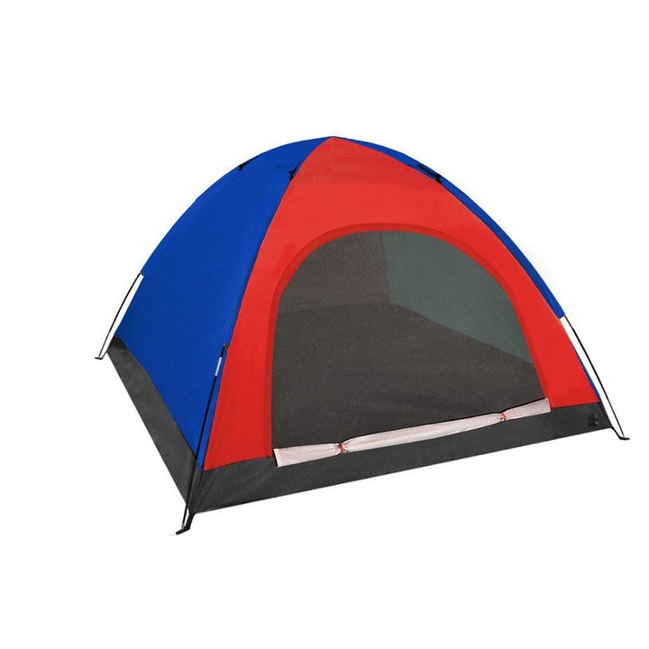 Cort camping 4 persoane, Zola®, plasa pentru insecte rosu/albastru, 190x190x23 cm
