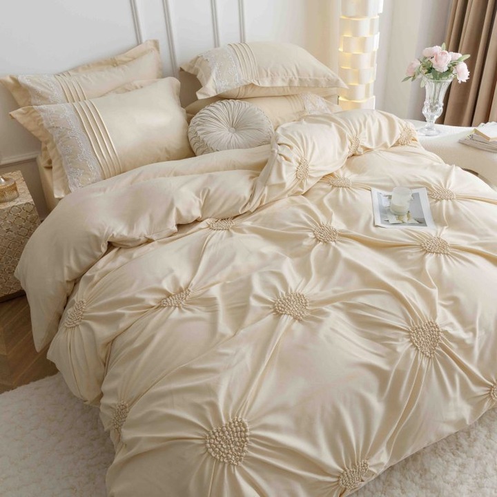 Set Lenjerie Pat Dublu, 6 Piese, Pliuri brodate, Bumbac, Crem, 180 x 200 cm