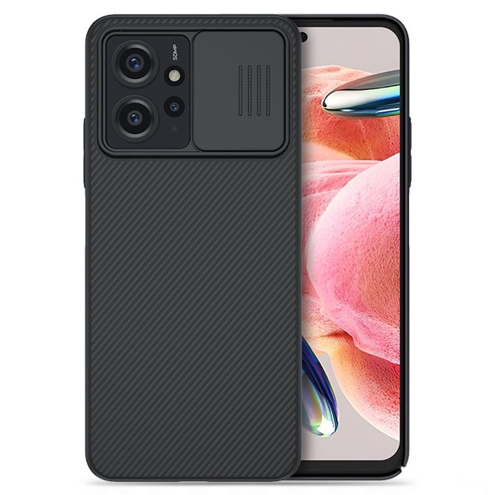 Telefontok Xiaomi Redmi Note 12 4G / LTE - Nillkin csúsztatható kameravédős fekete hátlap tok
