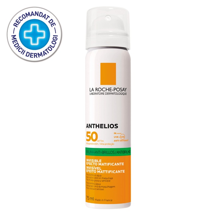 Spray invizibil matifiant cu protectie solara pentru fata La Roche-Posay Anthelios SPF 50, ten gras si sensibil, 75ml