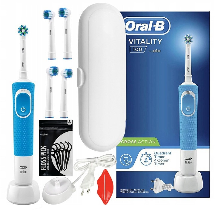 Oral-B Braun Vitality Blue Cross Action elektromos fogkefe és 4 db cserélhető kefefej készlet, fehér szín