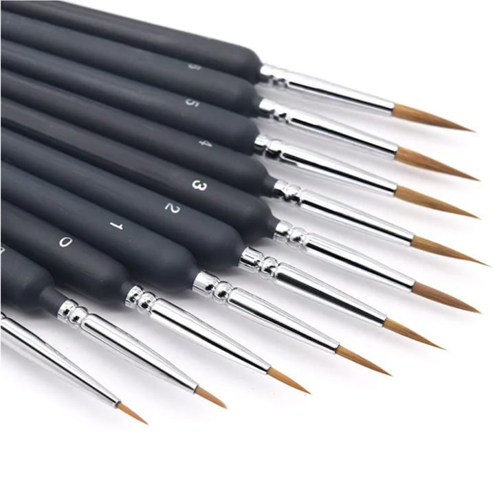 Set 10 Pensule Pentru Pictura De Precizie Profesionale, Pentru Acuarela Acrilica Ulei, Detalii In Miniatura, Usor De Curatat, Diferite Dimensiuni, Lemn/Nylon, Wielorybie Rzeczy, Negru