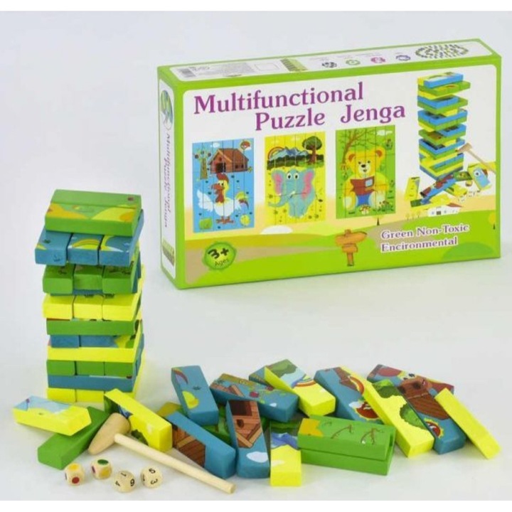 Fa kockák 2 az 1-ben instabil torony Jenga és puzzle, 54 darab