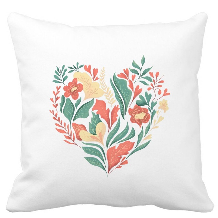 Perna Decorativa Patrata Love Flowers, 40x40 cm, Alba, Mata, Husa Detasabila, Burduf