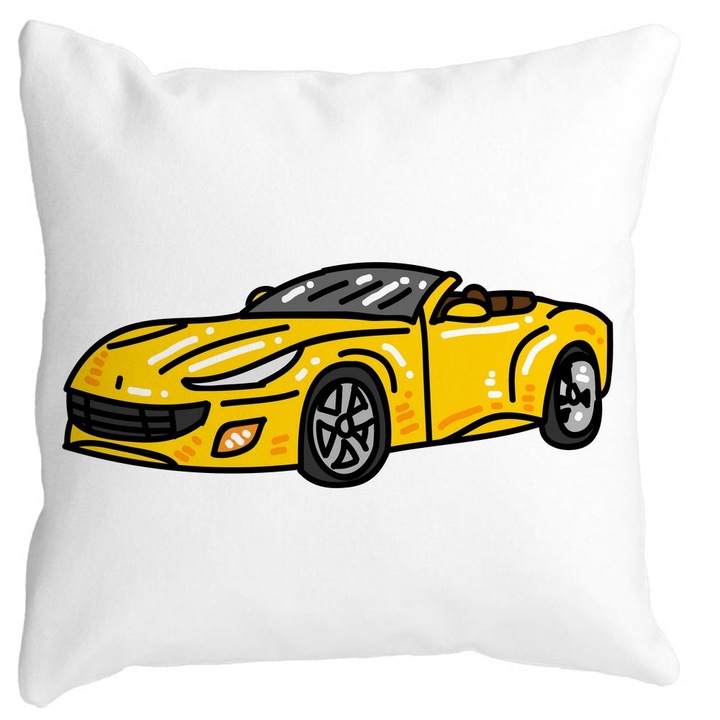 Sportautó négyzet alakú díszpárna, 40x40 cm, fehér, matt, levehető huzat, fújtató