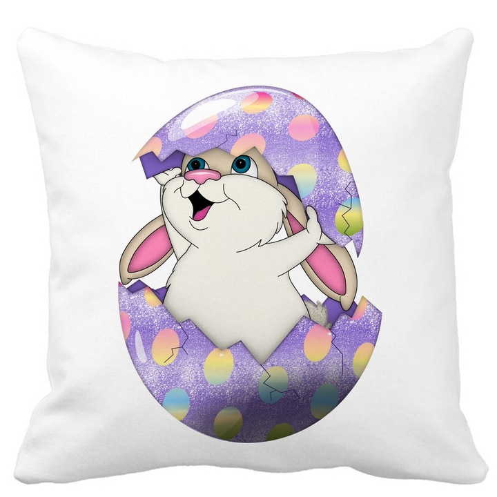 Perna Decorativa Patrata Iepurasul Fericit, 40x40 cm, Alba, Mata, Husa Detasabila, Burduf