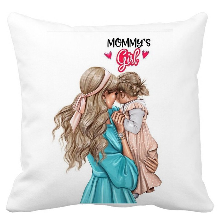 Perna Decorativa Patrata Mommy's Girl, 40x40 cm, Alba, Mata, Husa Detasabila, Burduf