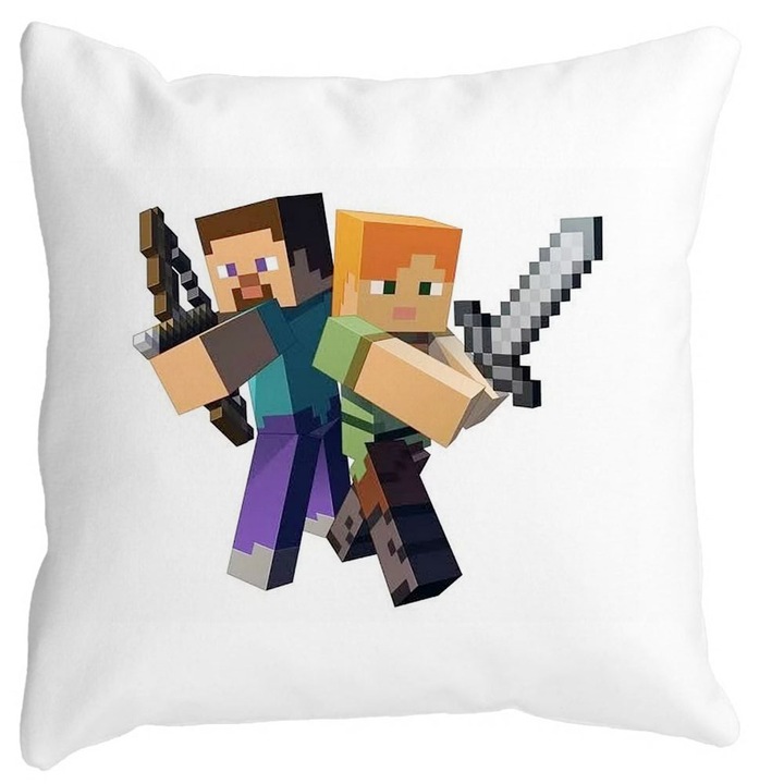 Perna Decorativa Patrata Minecraft, 40x40 cm, Alba, Mata, Husa Detasabila, Burduf