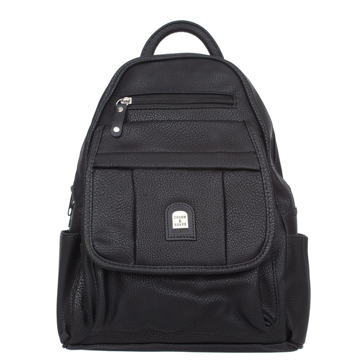 Дамска раница, Charm&Shape, Екологична кожа, 32x16x26 см, Черно/Сребристо